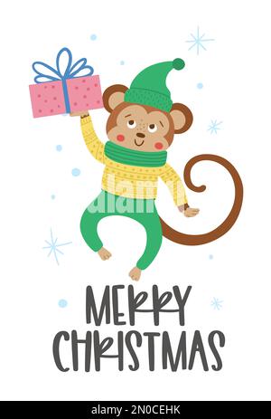 Vector monkey in hat, scarf and sweater with present and snowflakes. Cute winter animal illustration. Funny Christmas card design. New Year print with Stock Vector