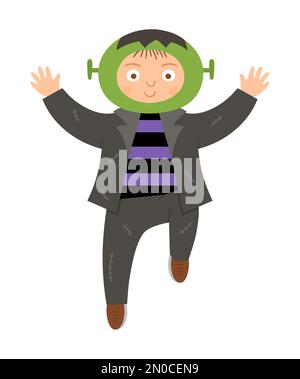 Boy dressed like Frankenstein. Cute vector Halloween kid character. Child in scary monster costume. Funny autumn all saints eve illustration. Samhain Stock Vector