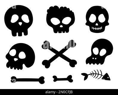 Set of vector black and white skulls and bones. Halloween party human and animal skeletons silhouettes. Scary design for Autumn Samhain party. All sai Stock Vector