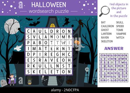 Vector Halloween wordsearch puzzle for kids. Simple crossword with haunted house and traditional scary objects for children. Educational keyword activ Stock Vector