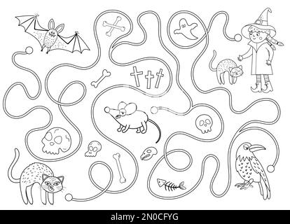 Halloween black and white maze for children. Autumn preschool printable educational activity. Funny day of the dead game or puzzle with black kitten, Stock Vector