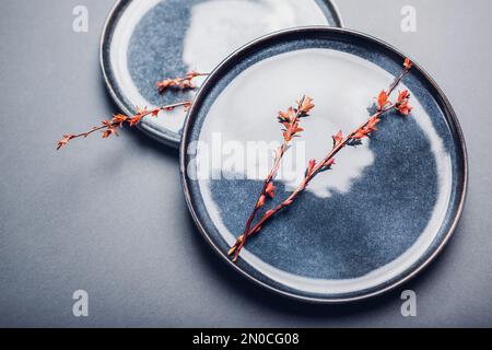 Handmade round ceramic plates decorated with spring branches. Close up of lacquered blue vintage dishes on grey background. Stylish modern pottery. Sp Stock Photo