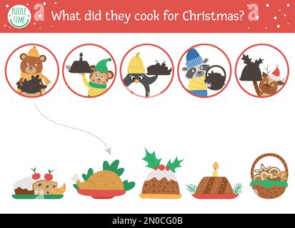 Christmas shadow matching activity for children. Winter puzzle with cute animals and traditional food. New Year educational game for kids. Find the co Stock Vector