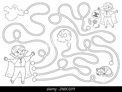 Halloween black and white maze for children. Autumn preschool printable educational activity. Funny day of the dead game or coloring page. Help the bo Stock Vector