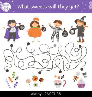 Halloween maze for children. Autumn preschool printable educational activity with kids in costumes. Funny day of the dead game or puzzle with trick or Stock Vector