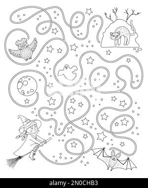 Halloween black and white maze for children. Autumn preschool printable educational activity. Funny day of the dead game or coloring page. Help the wi Stock Vector