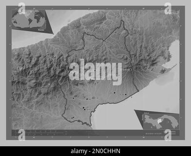 Cocle, province of Panama. Grayscale elevation map with lakes and rivers. Locations and names of major cities of the region. Corner auxiliary location Stock Photo