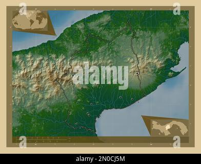 Cocle, province of Panama. Colored elevation map with lakes and rivers. Locations of major cities of the region. Corner auxiliary location maps Stock Photo