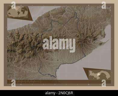 Cocle, province of Panama. Elevation map colored in sepia tones with lakes and rivers. Corner auxiliary location maps Stock Photo