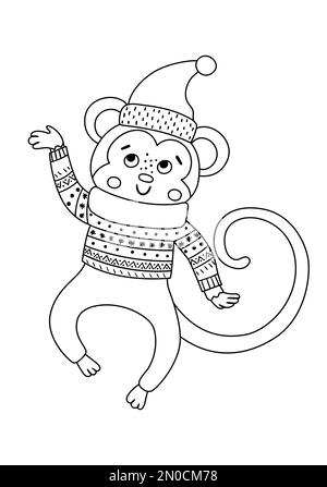 Vector black and white jumping monkey in hat, scarf and sweater. Cute winter animal illustration. Funny Christmas line icon. New Year print with smili Stock Vector