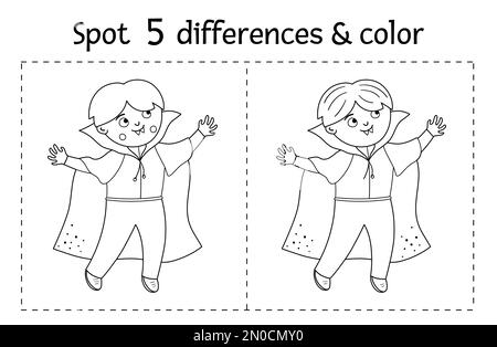 Halloween black and white find differences game for children. Autumn educational activity with funny vampire. Printable worksheet or coloring page wit Stock Vector