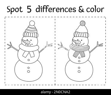 Christmas find differences and color game for children. Winter educational activity with funny snowman. Printable worksheet with smiling character. Cu Stock Vector