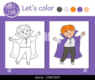 Halloween coloring page for children. Cute funny boy dressed like vampire. Vector autumn holiday outline illustration. Trick or treat dress party colo Stock Vector