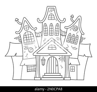 Vector haunted house black and white illustration. Halloween spooky cottage coloring page for kids. Scary Samhain party invitation or card design. Stock Vector