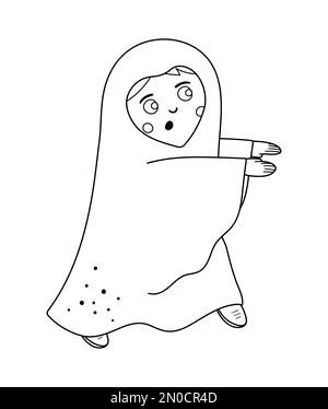 Boy dressed like a ghost. Cute vector black and white Halloween kid character. Child in scary monster costume. Funny autumn all saints eve illustratio Stock Vector