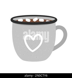 Vector enamel cup with cocoa and marshmallow. Winter traditional drink illustration. Holiday hot beverage icon. Illustration of cocoa or cappuccino is Stock Vector