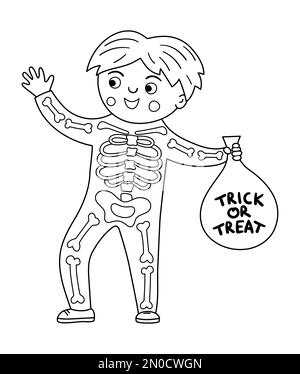 Boy dressed like a skeleton. Cute black and white vector Halloween kid character. Child in scary monster costume with bones. Funny autumn all saints e Stock Vector