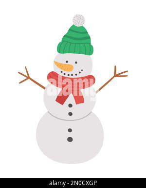 Vector cute snowman in hat and scarf isolated on white background. Cute winter character illustration. Funny Christmas card design. New Year icon Stock Vector