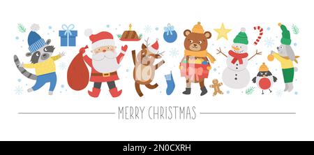 Vector horizontal set with flat Christmas characters and elements. Card template design with Santa Claus, funny animals, snowman, present. Cute winter Stock Vector