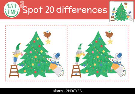 Christmas find differences game for children. Winter educational activity with funny animals decorating fir tree. Printable worksheet with smiling cha Stock Vector