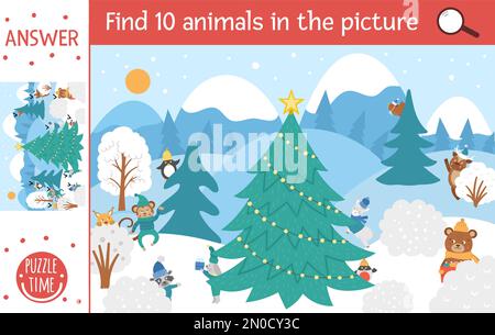Vector Christmas searching game with cute characters in winter forest. Find hidden animals in the picture. Simple fun educational New Year printable a Stock Vector
