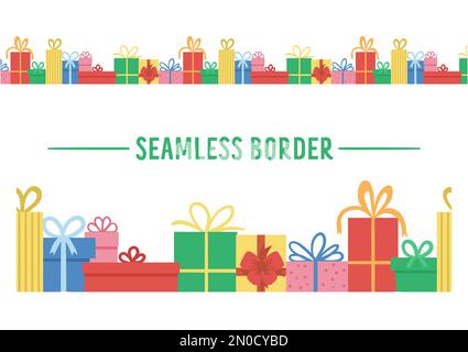 Vector seamless pattern border brush with presents. Funny horizontal birthday or Christmas gift boxes background. Bright holiday digital paper for kid Stock Vector