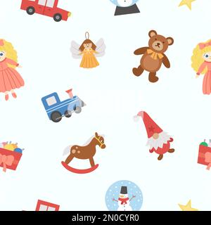 Cute seamless pattern with Christmas toys. Vector background with New Year gifts for kids. Digital paper with Santa Claus presents for children. Stock Vector