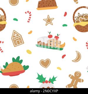 Vector seamless pattern with traditional Christmas desserts and dishes. Cute funny repeating background new year meal. Digital paper with winter food. Stock Vector