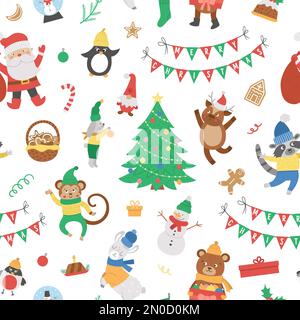 Vector seamless pattern with Christmas elements, Santa Claus in red hat with sack, deer, fir tree, presents. Cute funny flat style New Year repeating Stock Vector