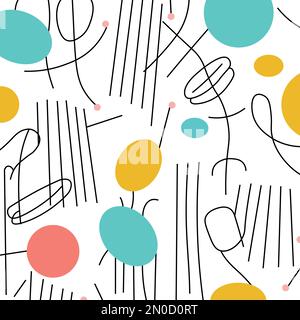 Abstract geometry with curved black lines, circles and ovals of different colors - Vector illustration Stock Vector