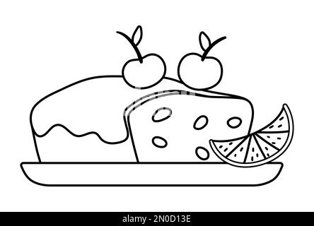 Vector black and white Christmas cake with raisins, icing and cherries on top isolated on white background. Cute funny illustration of new year pastry Stock Vector