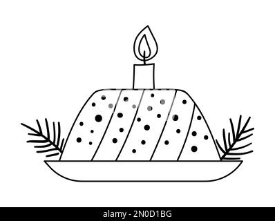 Vector black and white Christmas cake with conifer twigs and candle isolated on white background. Cute funny illustration of new year pastry. Traditio Stock Vector