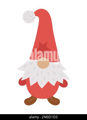 Cute Scandinavian Christmas gnome isolated on white background. Vector New Year character in red cap with long beard. Funny dwarf for kids Stock Vector