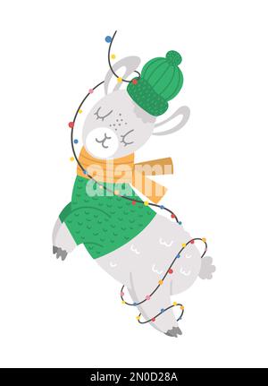 Vector llama in green hat, scarf and sweater wrapped in a garland. Cute winter animal illustration. Funny Christmas card design. New Year print with s Stock Vector