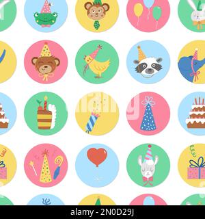 Cute seamless pattern with round Birthday highlight icons or avatar designs with cute animal heads, cake, present. Vector anniversary repeat backgroun Stock Vector
