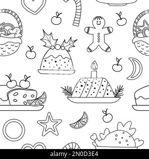 Vector black and white seamless pattern with traditional Christmas desserts and dishes. Cute funny line repeating background new year meal. Digital pa Stock Vector