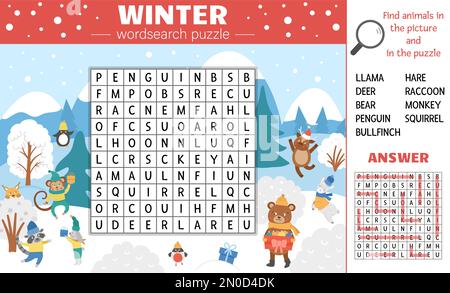 Vector winter season word search puzzle for kids. Simple crossword with Christmas scene and hiding animals for children. Educational keyword activity Stock Vector
