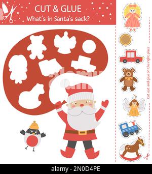 Vector Christmas cut and glue activity. Winter educational crafting game with cute Santa Claus, Bullfinch and toys. Fun activity for kids. What’s in S Stock Vector