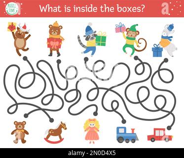 Christmas maze for children. Winter new year preschool printable educational activity. Funny holiday game or puzzle with cute animals, presents and to Stock Vector
