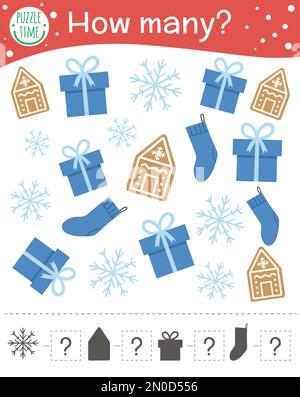 Christmas counting game with gingerbread, snowflake, present, stocking. Winter math activity for preschool children. How many objects worksheet. Educa Stock Vector