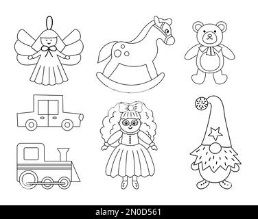 Cute Christmas black and white toys collection. Vector New Year line gifts for kids. Santa Claus presents for children. Rocking horse, Teddy bear, dol Stock Vector