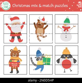 Vector Christmas Mix And Match Puzzle With Cute Kawaii Characters ...