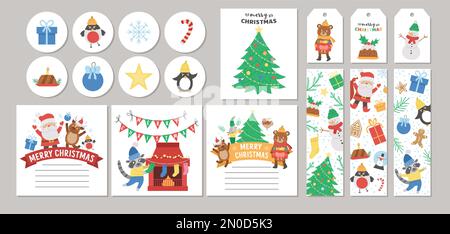 Cute set of Christmas sale cards with Santa Claus, fir tree, snowman, deer. Vector square, round, horizontal, vertical print templates. Winter holiday Stock Vector