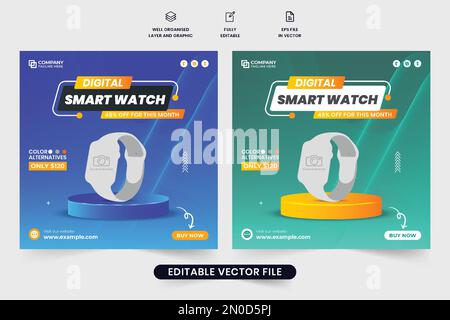 Modern watch business promotional web banner template with creative shapes. Smartwatch advertisement poster design with blue and yellow colors. Watch Stock Vector