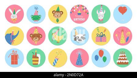 Cute set of round Birthday highlight icons or avatar designs with cute animals heads, cake, present. Vector anniversary holiday pin or badge design is Stock Vector