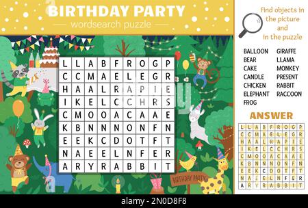 Vector Birthday party wordsearch puzzle for kids. Simple crossword with holiday scene in forest and hiding animals for children. Educational keyword a Stock Vector