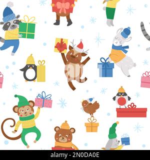 Cute vector seamless pattern with animals in hats, scarves and sweaters with presents and snowflakes. Winter funny background. Christmas digital paper Stock Vector