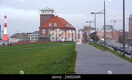 Bremerhaven, Germany - October 21, 2018: Famous cafe restaurant Strandhalle at waterfront fall day historic building. Stock Photo