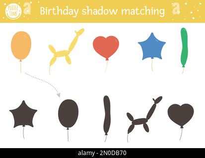 Birthday shadow matching activity for children. Fun puzzle with cute balloons of different shapes. Holiday celebration educational game for kids. Find Stock Vector