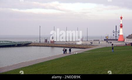 Bremerhaven, Germany - October 21, 2018: Scenic point lighthouse landmark at Willy Brandt Platz square at fall day. Stock Photo